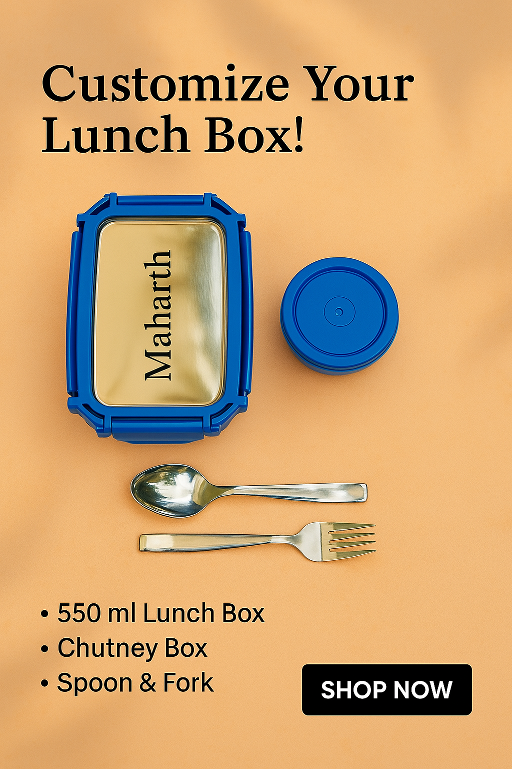 Lunch Box Combo with Name – 550ml | Includes Spoon, Fork & Extra Box