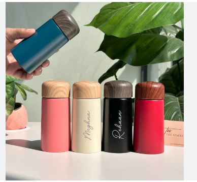 Personalized Mini Insulated Flask with Wood-Grain Lid